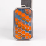 Custom two-tone Superlum titanium hexagon pendant in blue and orange