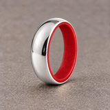 Luminescent Luxe 14K white gold 5 mm ring with Fire Glow liner, in daylight.