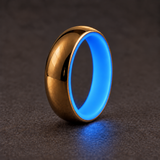 Luminescent Luxe 14K yellow gold 5 mm ring, Cobalt Blue, soft glow in subdued light.
