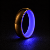 Luminescent Luxe 14K yellow gold 5 mm ring, Indigo, strong charged glow in deep darkness.