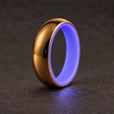 Luminescent Luxe 14K yellow gold 5 mm ring, Indigo, soft glow in subdued light.
