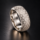 The Hive sterling silver honeycomb ring upright studio view