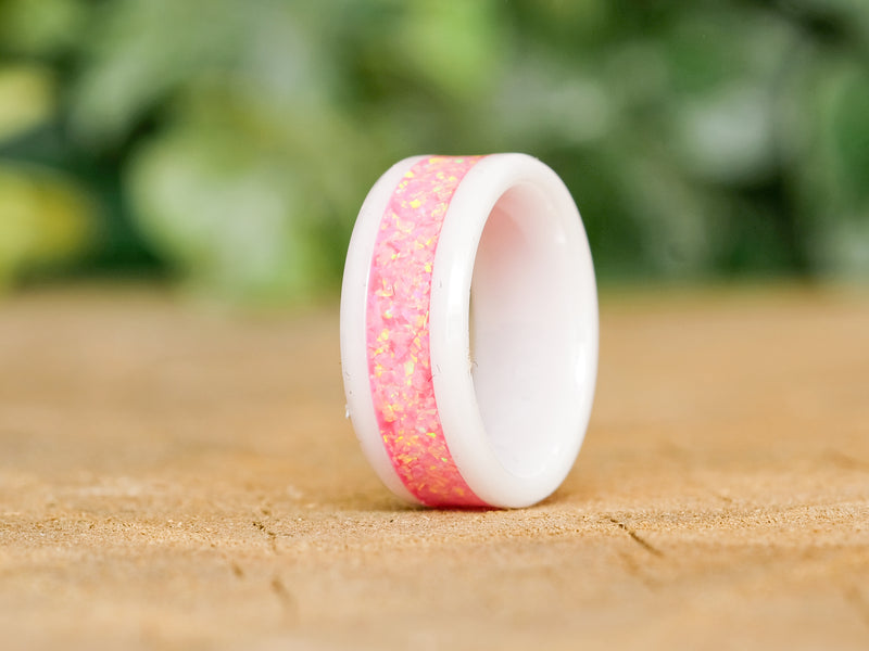 Pink Passion - White Ceramic 8mm Ring - Size 6.5