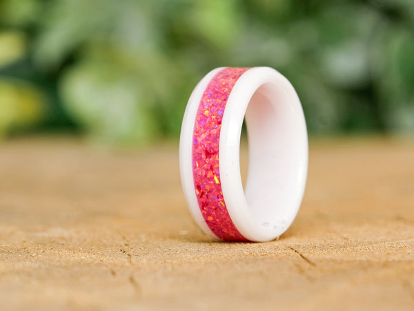 Pomegranate - White Ceramic 8mm Ring - size 7.5