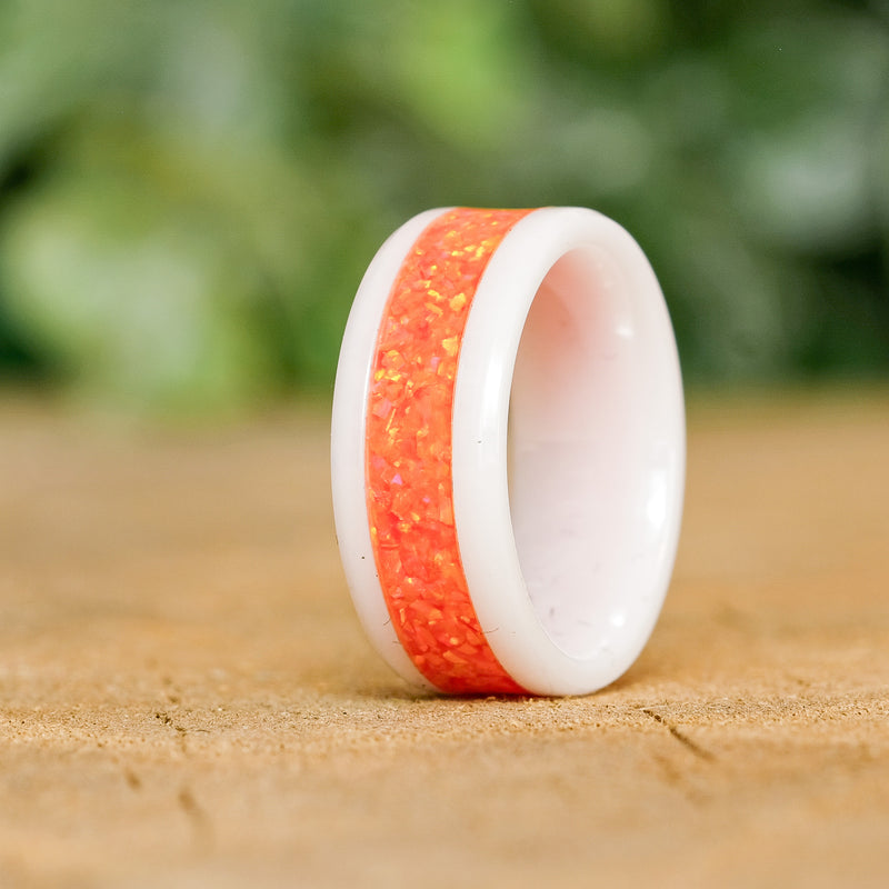 Racing Orange - White Ceramic 8mm Ring - size 6.5