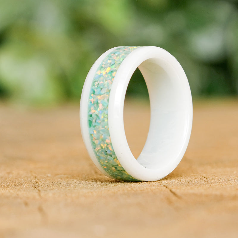 Tropical Paradise - White Ceramic 8mm Ring - size 7.5