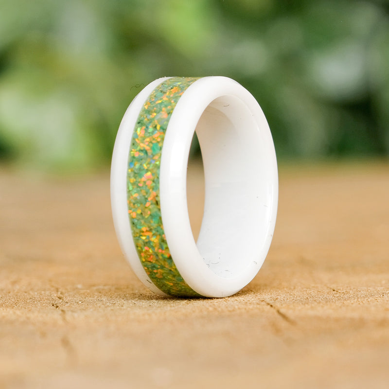 Jungle Green - White Ceramic 8mm Ring - size 7.5