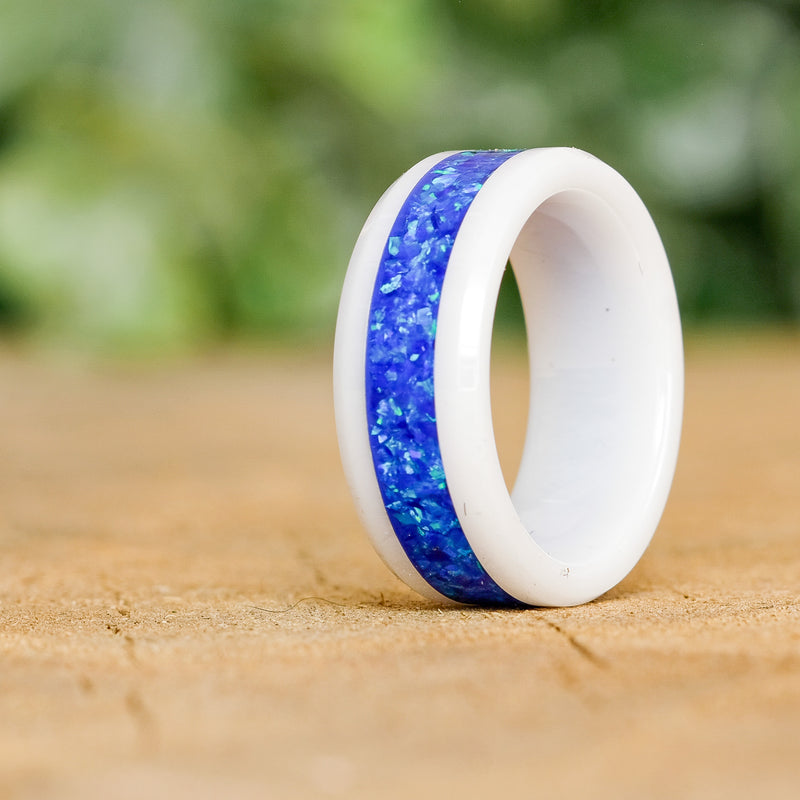 Cobalt Blue - White Ceramic 8mm Ring - size 7.5