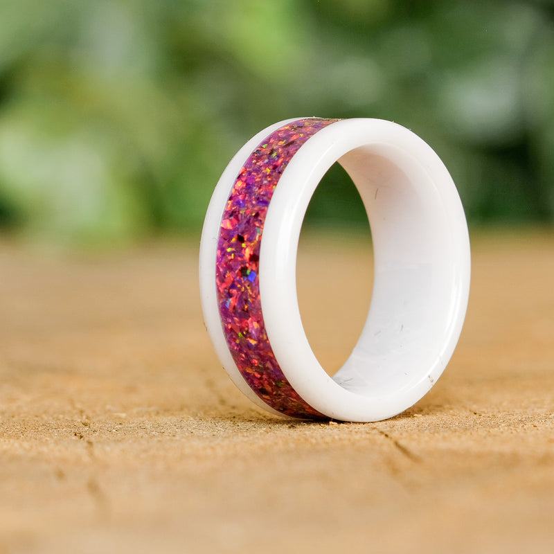 Fuchsia - White Ceramic 8mm Ring - size 6.5