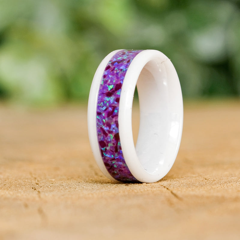 Amethyst - White Ceramic 8mm Ring - size 7