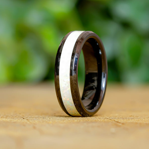 Pearl White - Black Ceramic 6mm Ring - Size 7.5