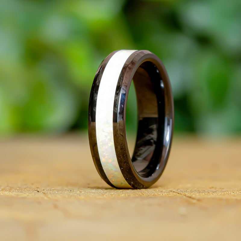 Pearl White - Black Ceramic 6mm Ring - Size 7.5
