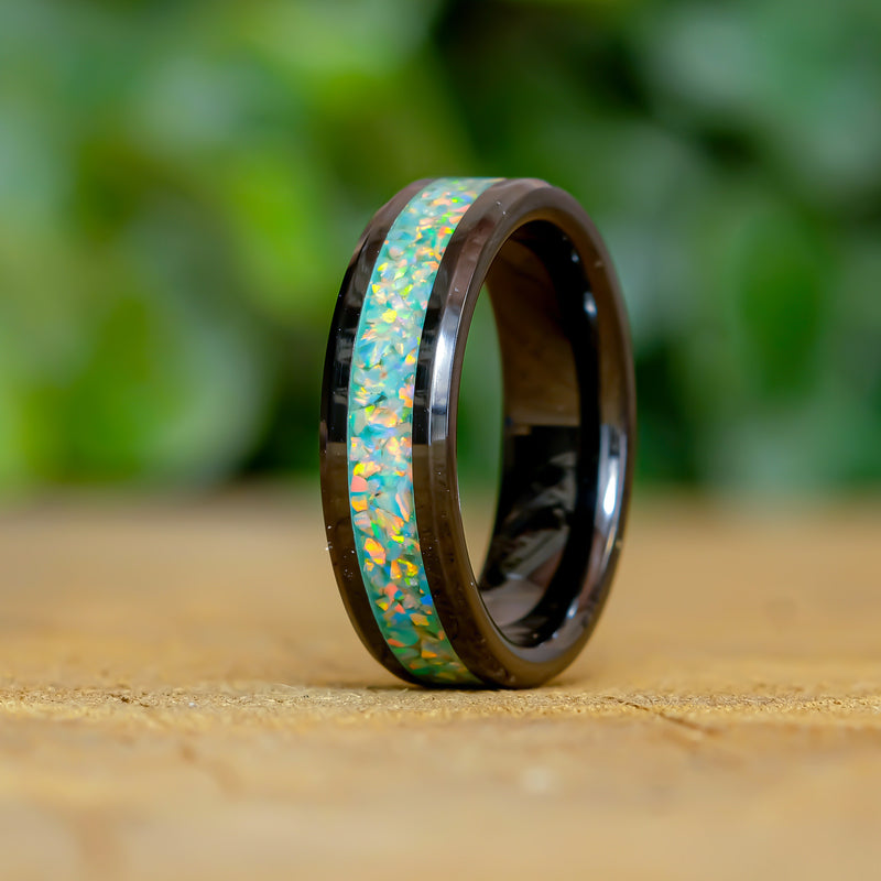 Tropical Paradise - Black Ceramic 6mm Ring - Size 7, 7.5