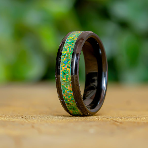 Jungle Green - Black Ceramic 6mm Ring - Size 7.5