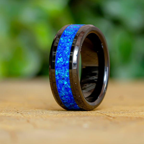 Cobalt Blue - Black Ceramic 8mm Ring - Size 7.5
