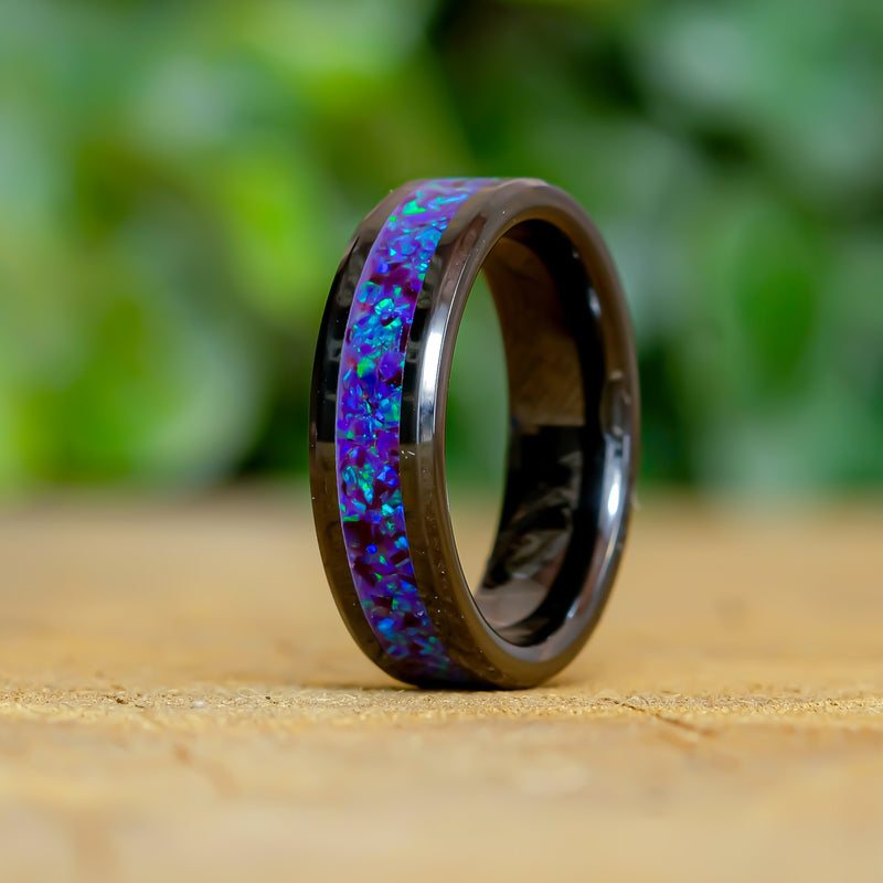 Amethyst - Black Ceramic 6mm Ring - Size 7, 7.5