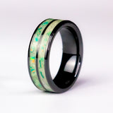 The Atlantis - Aqua Glow with Aqua Opal - Double Black Ceramic Inlay Ring