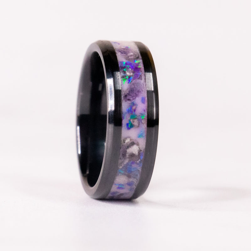 Amethyst + Opal Energy - 8mm Black Ceramic Ring