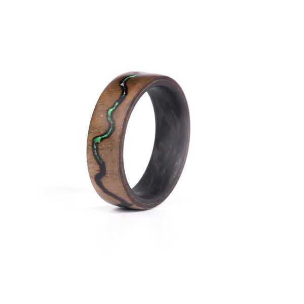 Walnut Voltage Ring with Green and forged carbon - Size 12.5