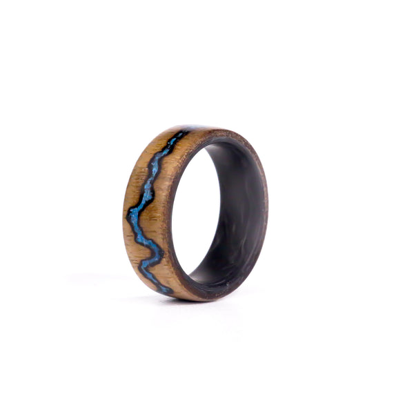 Blue Water Walnut Voltage Ring On Forged Carbon - Size 9
