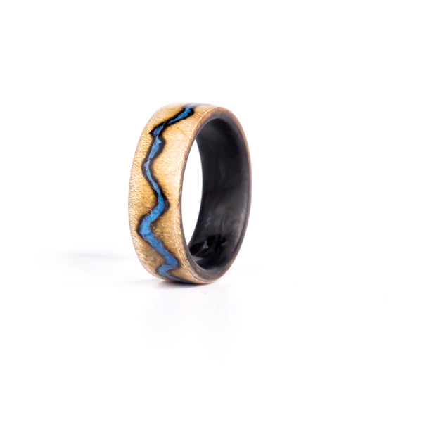 Blue Water Maple Voltage Ring On Forged Carbon - Size 11
