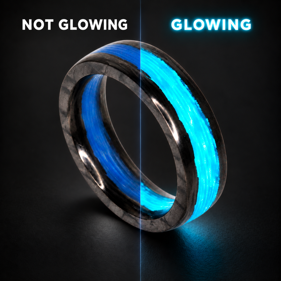 Blue Water Apollo carbon fiber ring comparison with glowing aqua label