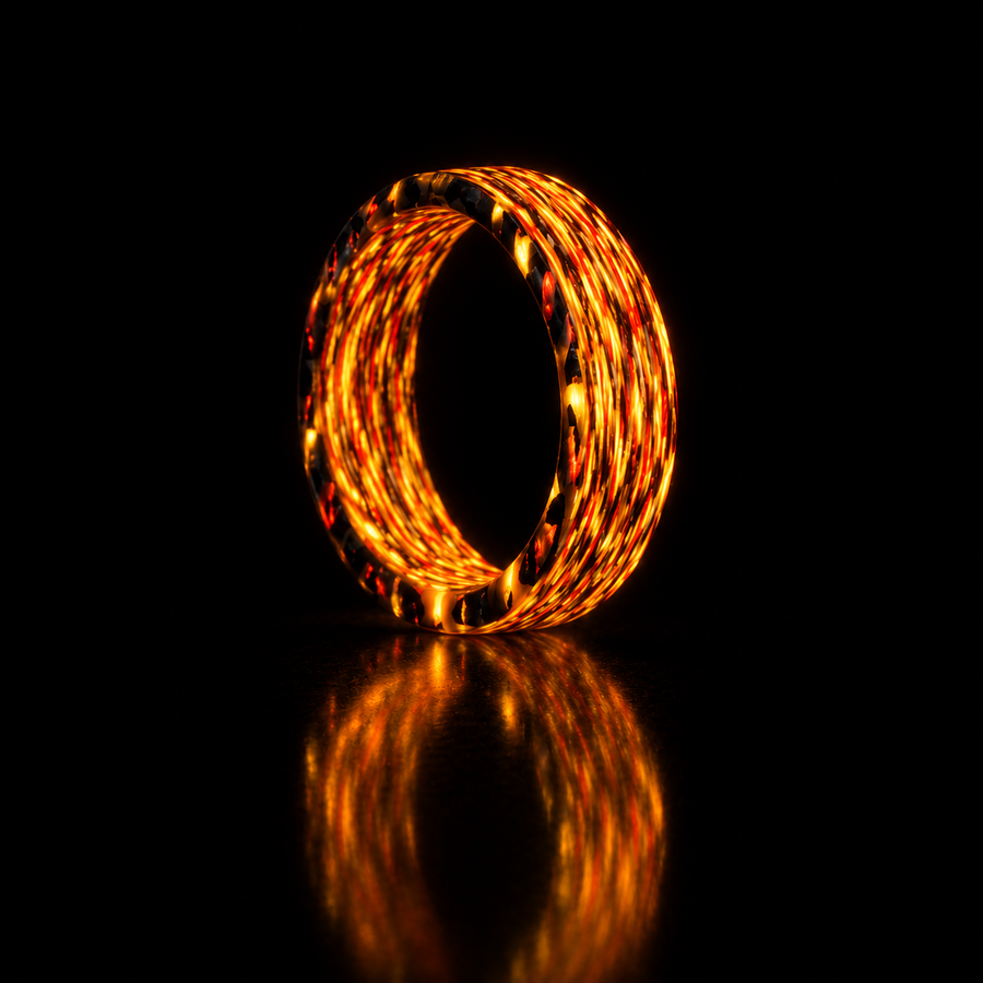 Fire Ghost Matrix carbon fiber ring glowing hot orange with hints of red and yellow against a pitch-black background