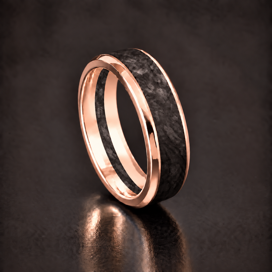 The Sovereign 7mm forged carbon ring in polished 14K rose gold