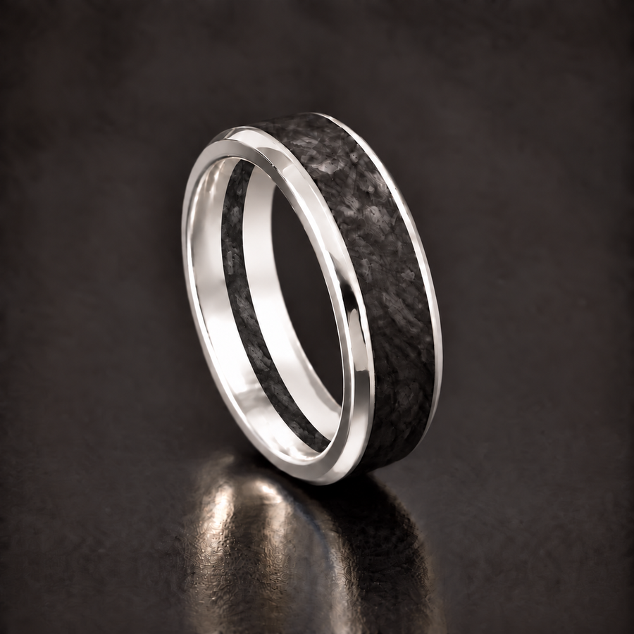 The Sovereign 7mm forged carbon ring in high-polish sterling silver
