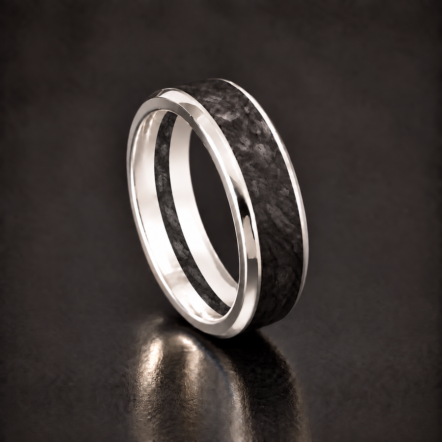The Sovereign 7mm forged carbon ring in polished 14K white gold
