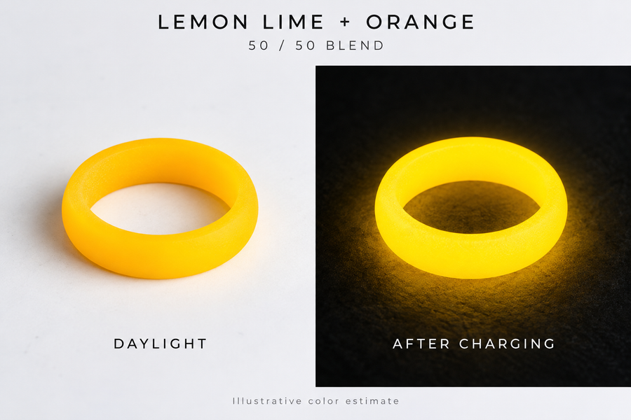 Illustrative Golden Glow Super Lume Ring preview in daylight and after charging, using a 50/50 Lemon Lime and Racing Orange blend