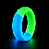 Halo Duality handmade rounded ring glowing cyan blue and green in a dark studio
