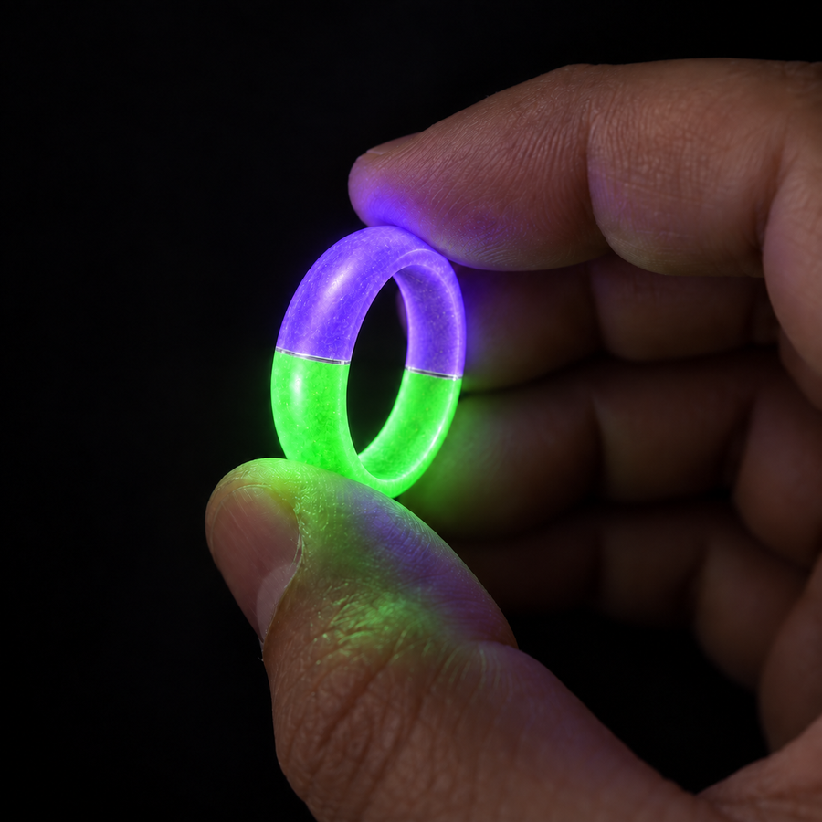 Hand holding the Joker Halo Ring glowing purple and green with the thin clear resin divider visible