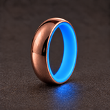Luminescent Luxe 14K rose gold 5 mm ring with Cobalt Blue liner with a soft glow in dim light.