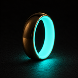 Luminescent Luxe 14K yellow gold 5 mm ring, Aqua Glow, strong charged glow in deep darkness.