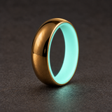 Luminescent Luxe 14K yellow gold 5 mm ring, Aqua Glow, soft glow in subdued light.