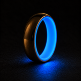 Luminescent Luxe 14K yellow gold 5 mm ring, Cobalt Blue, strong charged glow in deep darkness.