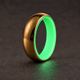 Luminescent Luxe 14K yellow gold 5 mm ring, Ultimate Green, soft glow in subdued light.