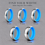 Luminescent Luxe ring width guide comparing 4 mm, 5 mm, 6 mm, 7 mm and 8 mm bands with Cobalt Blue glow liners.