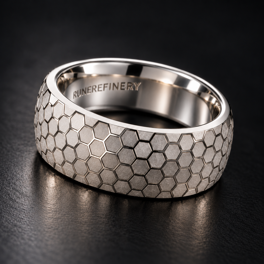 The Hive sterling silver honeycomb ring, hyper-realistic studio hero view